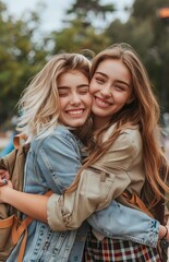 Fototapeta premium Two young women share an affectionate hug and kiss in a peaceful park setting