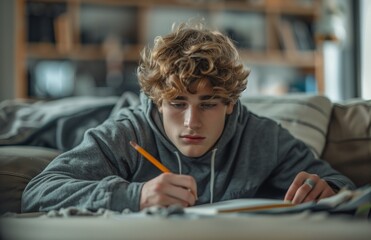 A young man with curly blonde hair in a gray hoodie writes in his notebook while lying on a sofa