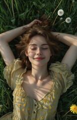 Naklejka premium A young woman lies on the grass, smiling with her eyes closed, resting her head on one hand