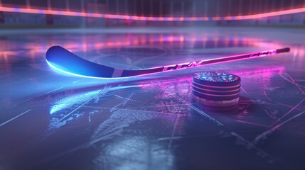 Neon Hockey Stick and Puck in Futuristic Ice Rink