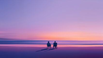 Landscape with two people on a beach watching the sea. Horizontal photo with a place for text and logo in purple colors