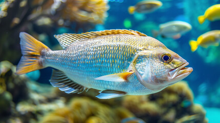 A vibrant fish swims gracefully in a colorful coral reef, surrounded by other tropical fish