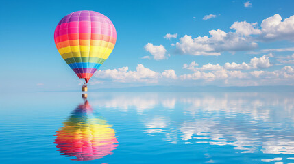 Fototapeta premium A vibrant rainbow hot air balloon floats serenely above a calm, reflective body of water under a clear blue sky with fluffy white clouds