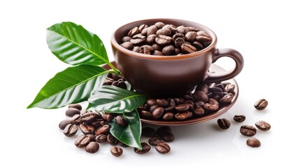 Fototapeta premium Coffee cup with beans and leaves isolated on white