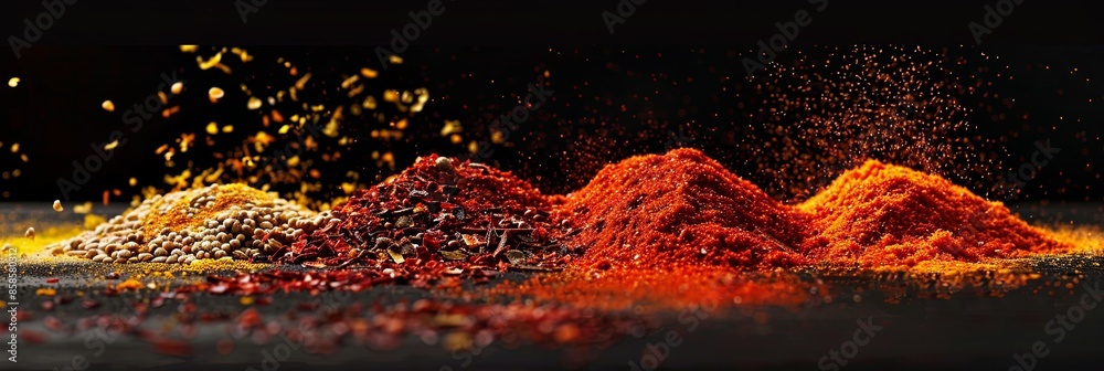 Poster an assortment of bright and exotic spices like saffron, curry powder, and annatto are arranged on a 