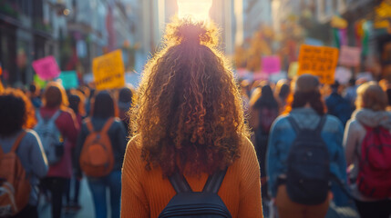 A photo of a protest with signs advocating for intersectional rights, Intersectionality Awareness Month, hd, with copy space