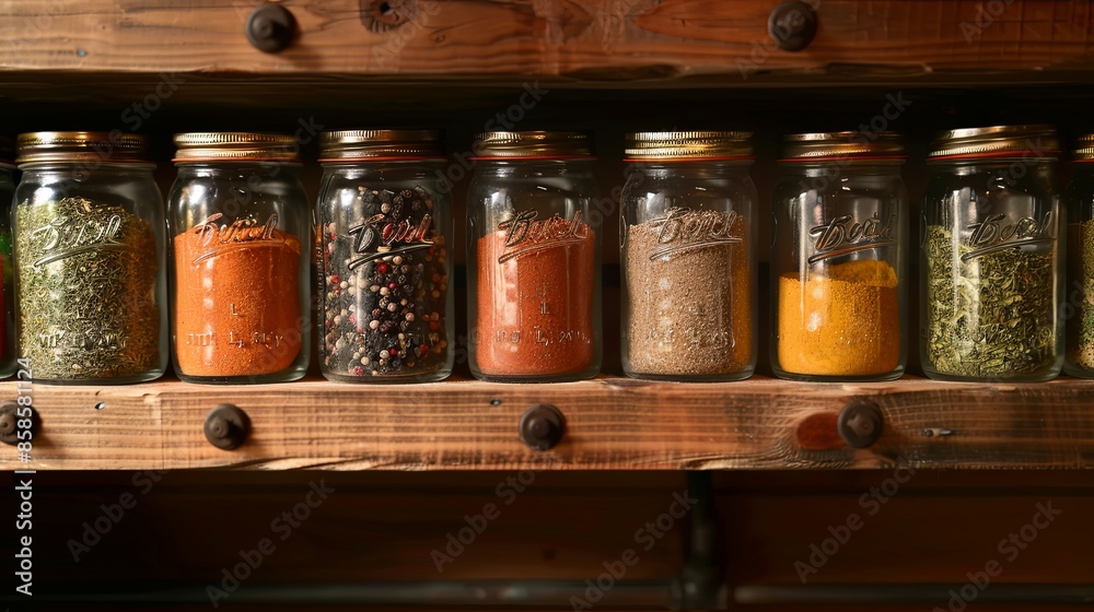 Poster A close-up view of a rustic wooden shelf filled with glass jars containing various spices. Generative AI