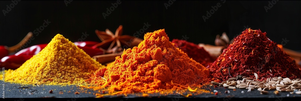 Aufkleber A close-up image of various colorful spices arranged on a black surface. Generative AI