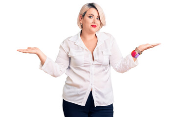 Young blonde plus size woman wearing casual shirt clueless and confused expression with arms and hands raised. doubt concept.