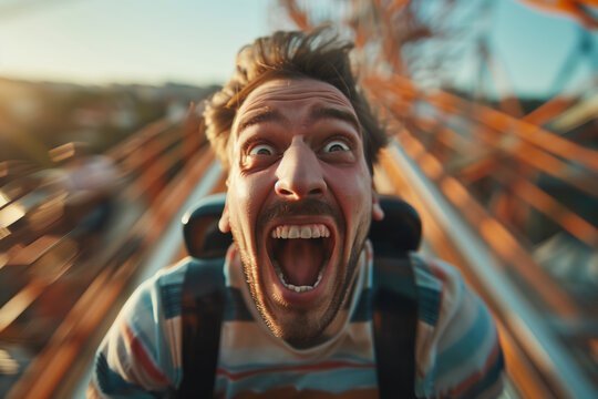 Roller Coaster Day. close-up of a people's expression on a roller coaster mouth open in a scream of excitement, with the background blurred to emphasize the speed and motion