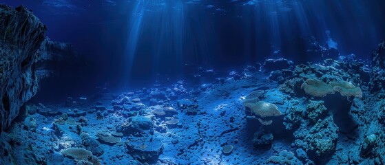 Obraz premium Deep underwater, a bioluminescent coral reef thrives, casting an otherworldly glow across the ocean floor.