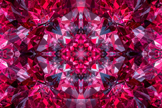 Kaleidoscopic pattern of red ruby crystal gems, background, wallpaper