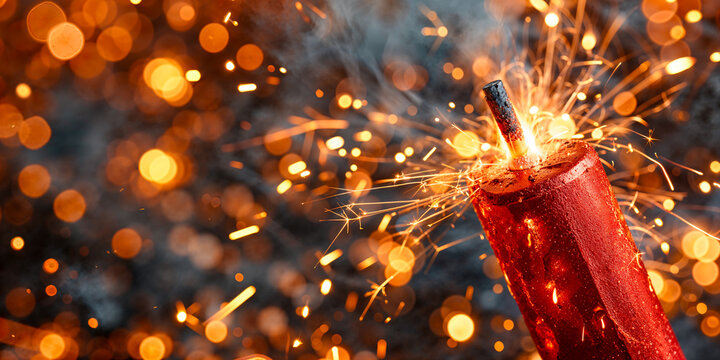 Red firecracker with lit fuse, closeup, copyspace, wide banner, fireworks celebration, holiday, festival