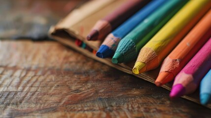 Colorful crayons in an empty notebook