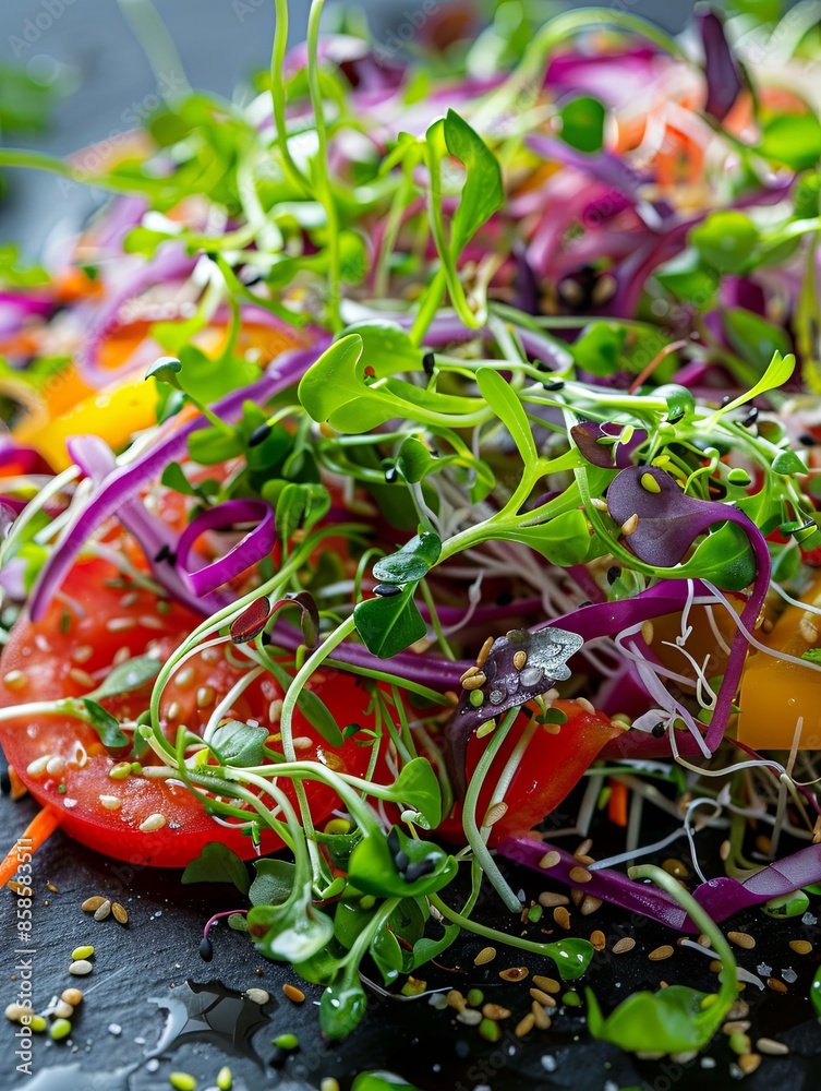 Poster a close-up of a fresh salad featuring a vibrant mix of microgreens, with red and purple vegetables f