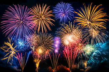 Fototapeta premium Colorful fireworks at night, pyrotechnics display, holiday show, 4th of July, New Year's Eve