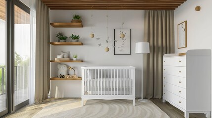 Modern Nursery Decor with Wooden Shelves and a Crib