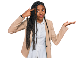 African american woman wearing business jacket confused and annoyed with open palm showing copy space and pointing finger to forehead. think about it.