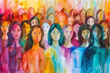 diverse women standing united in solidarity, vibrant colors and bold brushstrokes, strength and resilience of feminist movement fighting for gender equality and women's rights watercolor illustration