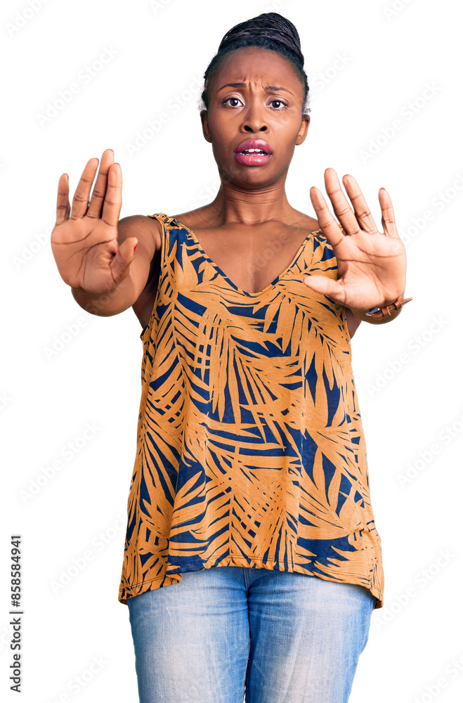 Poster young african american woman wearing casual clothes doing stop gesture with hands palms, angry and f