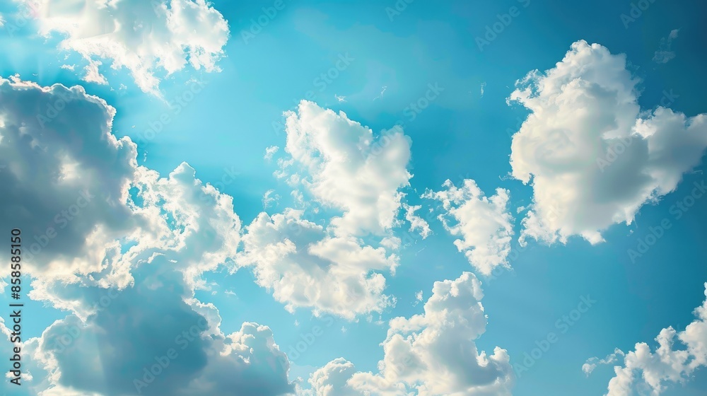 Poster Blue sky with fluffy clouds perfect for text or design backgrounds