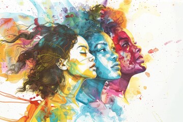 diverse women standing united in solidarity, vibrant colors and bold brushstrokes, strength and resilience of feminist movement fighting for gender equality and women's rights watercolor illustration