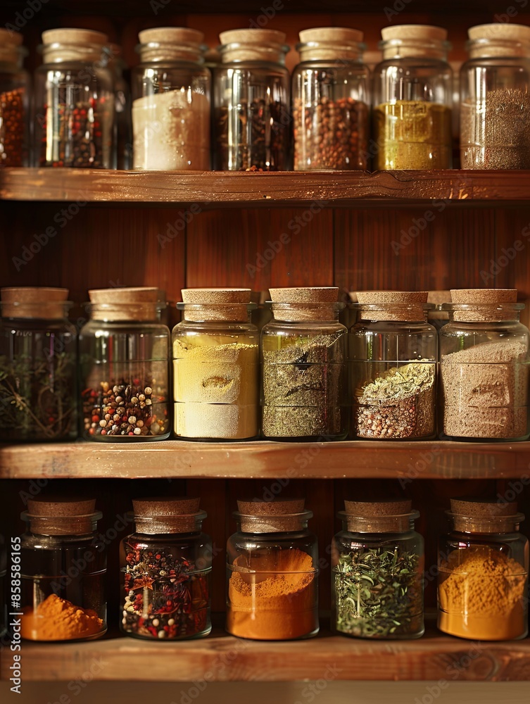 Poster a close-up shot of glass jars filled with various spices, neatly arranged on a wooden shelf. generat
