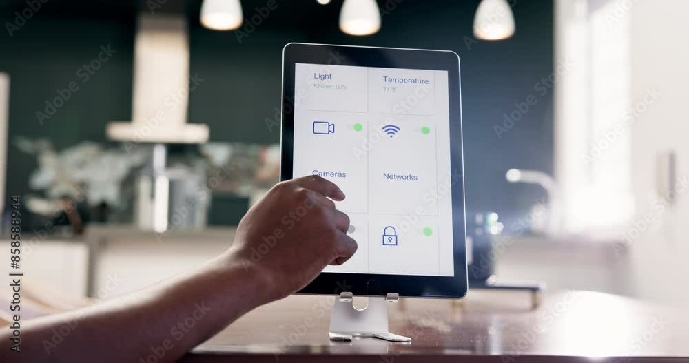 Poster application, scroll and tablet with hand on screen for user interface, navigation and search. home, 