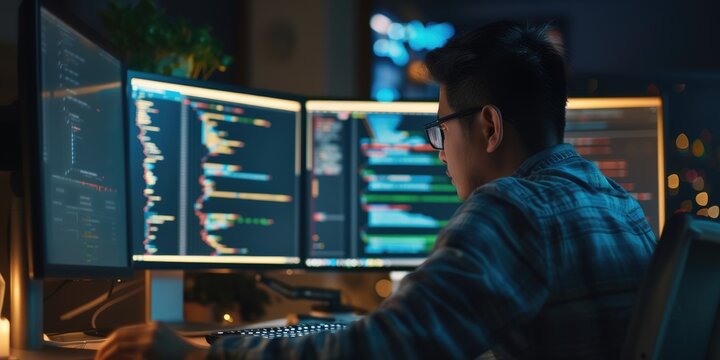 Back view of professional software developer coding program or engineering prompt. Skilled programmer typing computer and laptop while developing system with blurring background. Technology. AIG42.
