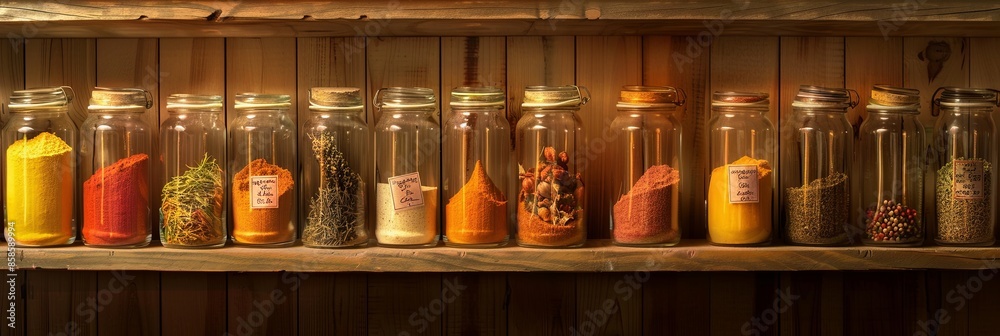 Aufkleber a close-up view of various spices neatly organized in glass jars on a wooden shelf. generative ai