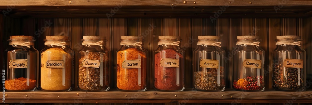 Aufkleber A row of glass jars filled with various spices sits on a wooden shelf. Each jar has a label with the name of the spice written on it. Generative AI