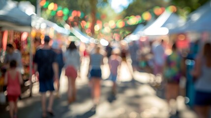 Blurry shapes of campers exploring the food and craft vendors at the festival.