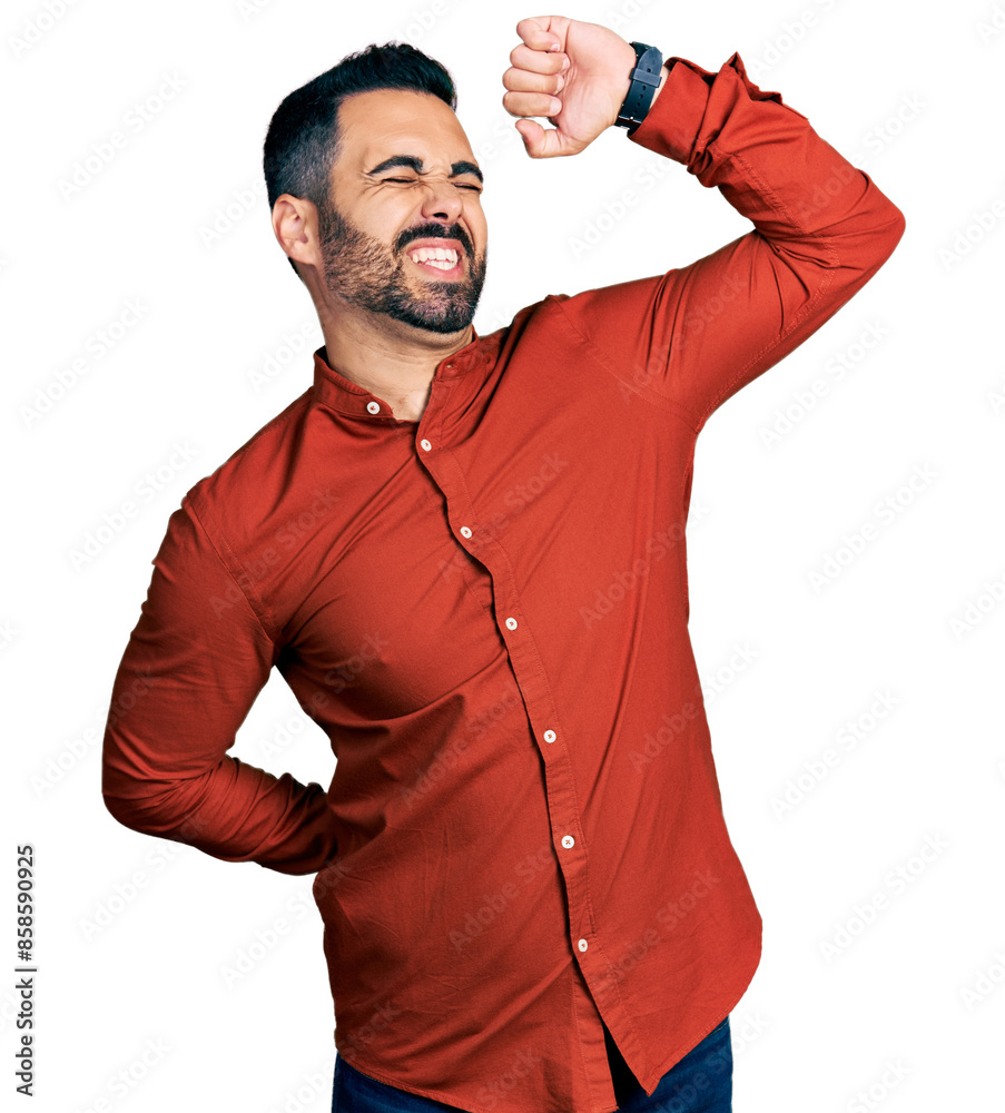 Canvas Prints Young hispanic man with beard wearing casual shirt stretching back, tired and relaxed, sleepy and yawning for early morning