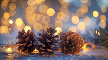 Christmas and holiday decor with pine cones and bokeh lights