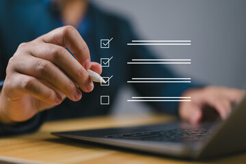 Businessman tick correct sign mark for document approve , project acceptance and quality assurance...