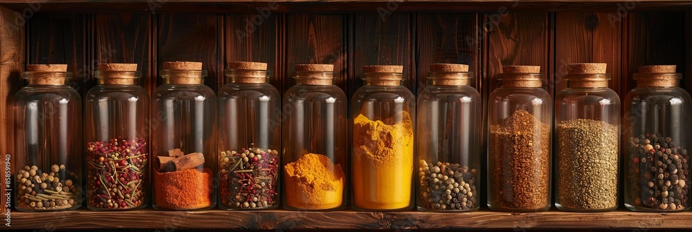 Poster glass jars filled with spices like paprika, turmeric, cumin, and oregano, lined up neatly on a woode