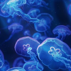 Fototapeta premium Seamless pattern of glowing semi-transparent blue jellyfish in the dark waters of the ocean