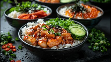 Asian rice bowls with grilled chicken slices, vegetables, and sesame seeds