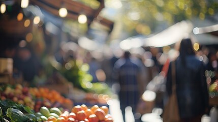 Muted tones and blurred shapes of marketgoers and stalls at a bustling urban farmers market.