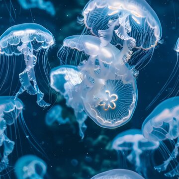 Seamless pattern of white-blue translucent glowing jellyfish
