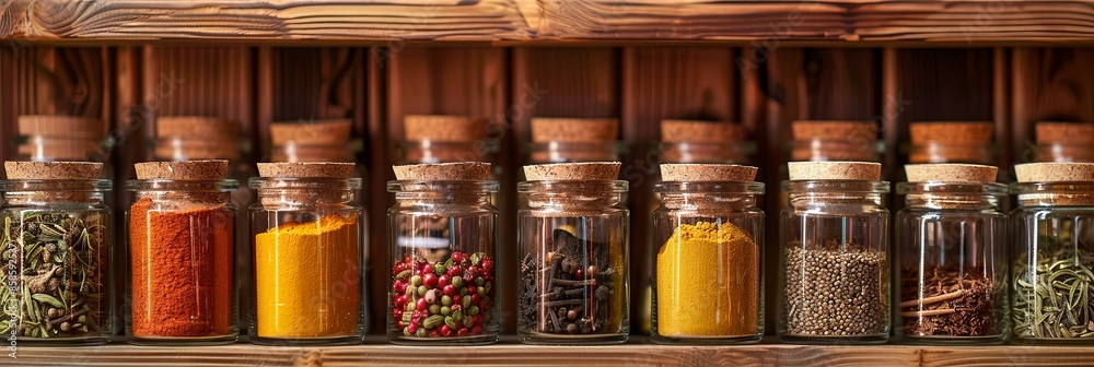 Poster A close-up view of a wooden shelf filled with glass jars of spices, each with a cork lid and a label. Generative AI