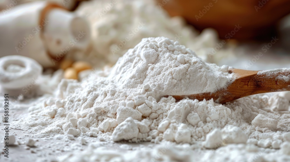 Poster Close up photo of white flour pile with wooden spoon