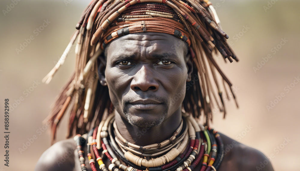 Wall mural Portrait of Turkana man in traditional clothes, copy space for text