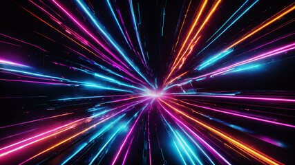 Design an abstract background filled with vibrant, electric light streaks in neon colors. The streaks should be dynamic and energetic, with varying thicknesses and lengths. Use strong, directional lig