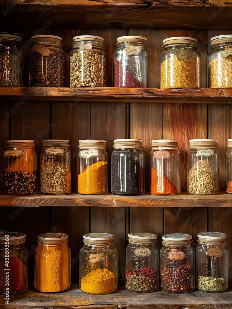 Poster a close-up shot of a wooden shelf filled with glass jars of various spices. generative ai