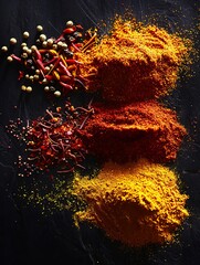 Vibrant red, yellow, and orange spices, including saffron, curry powder, and annatto, are arranged...