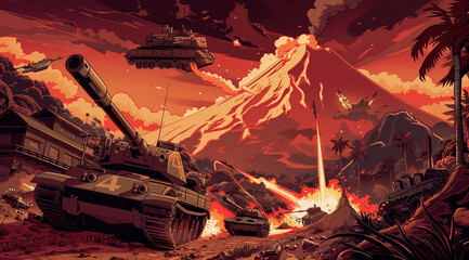 hayabusa tank attack on a cartoon scene of different battles, in the style of dinopunk, revived historic art forms, red and brown