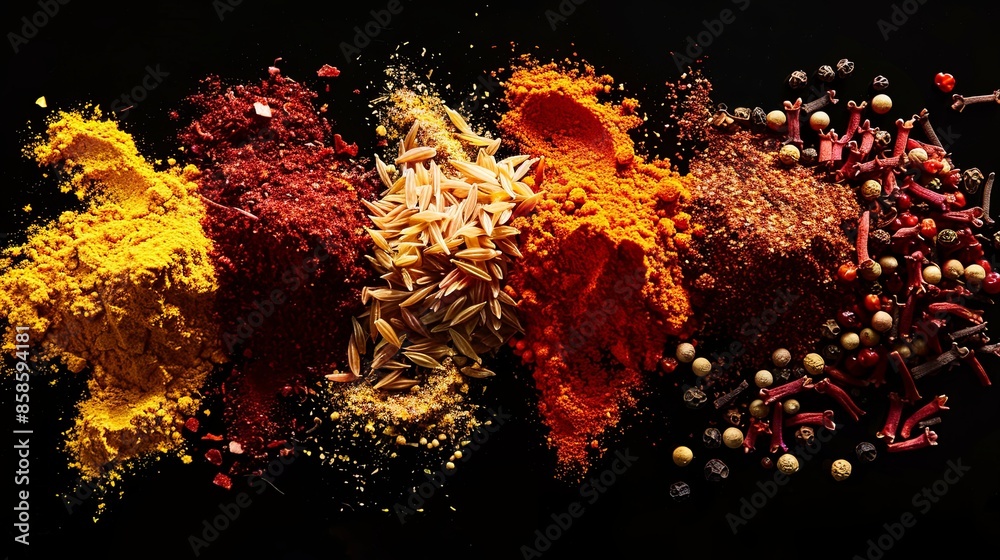 Poster a close-up photograph of various bright and colorful spices arranged on a black background. generati