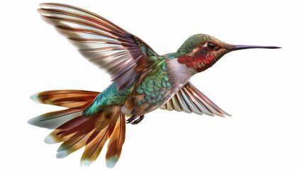 Fototapeta premium Colorful hummingbird in mid-flight on white background