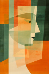 yin shih 'brightness', 1960, in the style of cubist: fragmented planes, pastel dark orange,